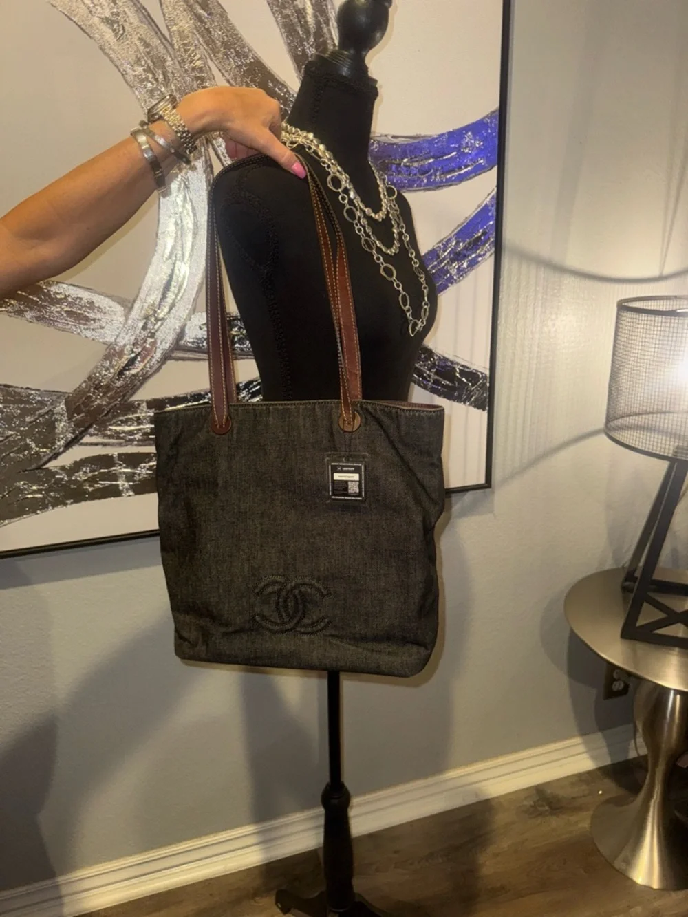 CHANEL Dark Gray Denim Tote with Brown Leather Straps - Picture 3 of 16